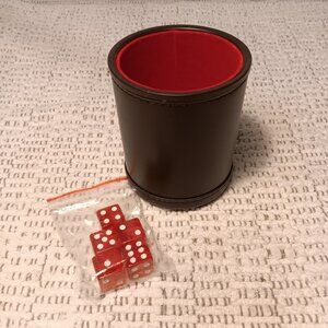 NIOB Leatherette faux black leather w/ red velvet lining dice cup & 5 red dice